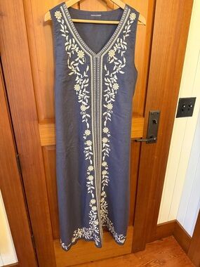 100% Linen Sleeveless Navy Maxi Dress with Cream Floral Embroidery